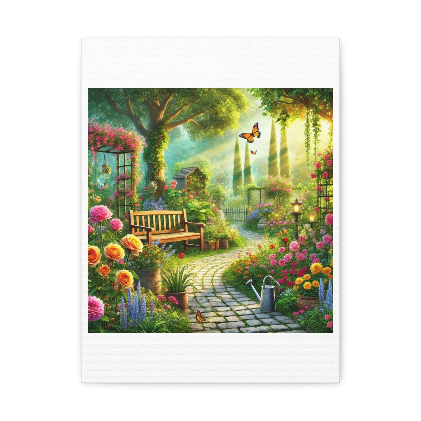 Sunlit Spring Flower Garden Bench Canvas