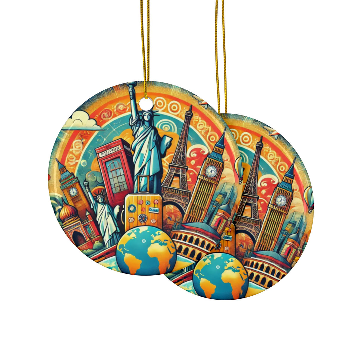 Global Landmark Adventure Collage Ceramic Ornament, Holiday Keepsake and Gift