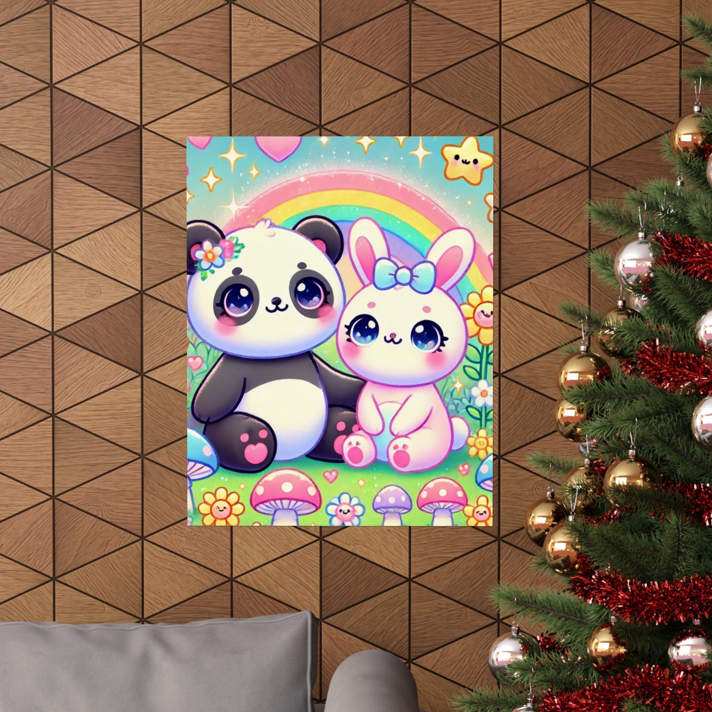Pastel Panda and Bunny Rainbow Garden Wall Art Poster