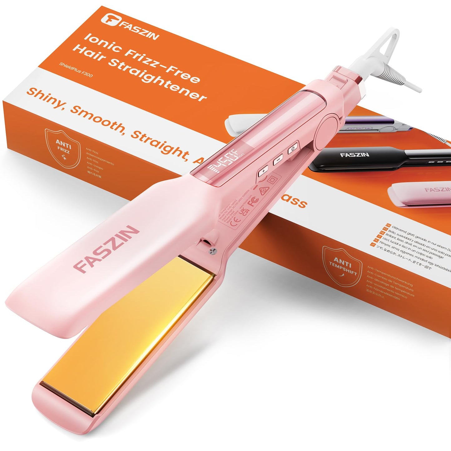 Faszin Professional Hair Straightener, 1.65inch Wide-Plate, Titanium Negative Ion Flat Iron, 30s Rapid Heating, LED Temp Display, Wide Voltage & 10 Adjustable Temp Levels (260-450℉) - Pink