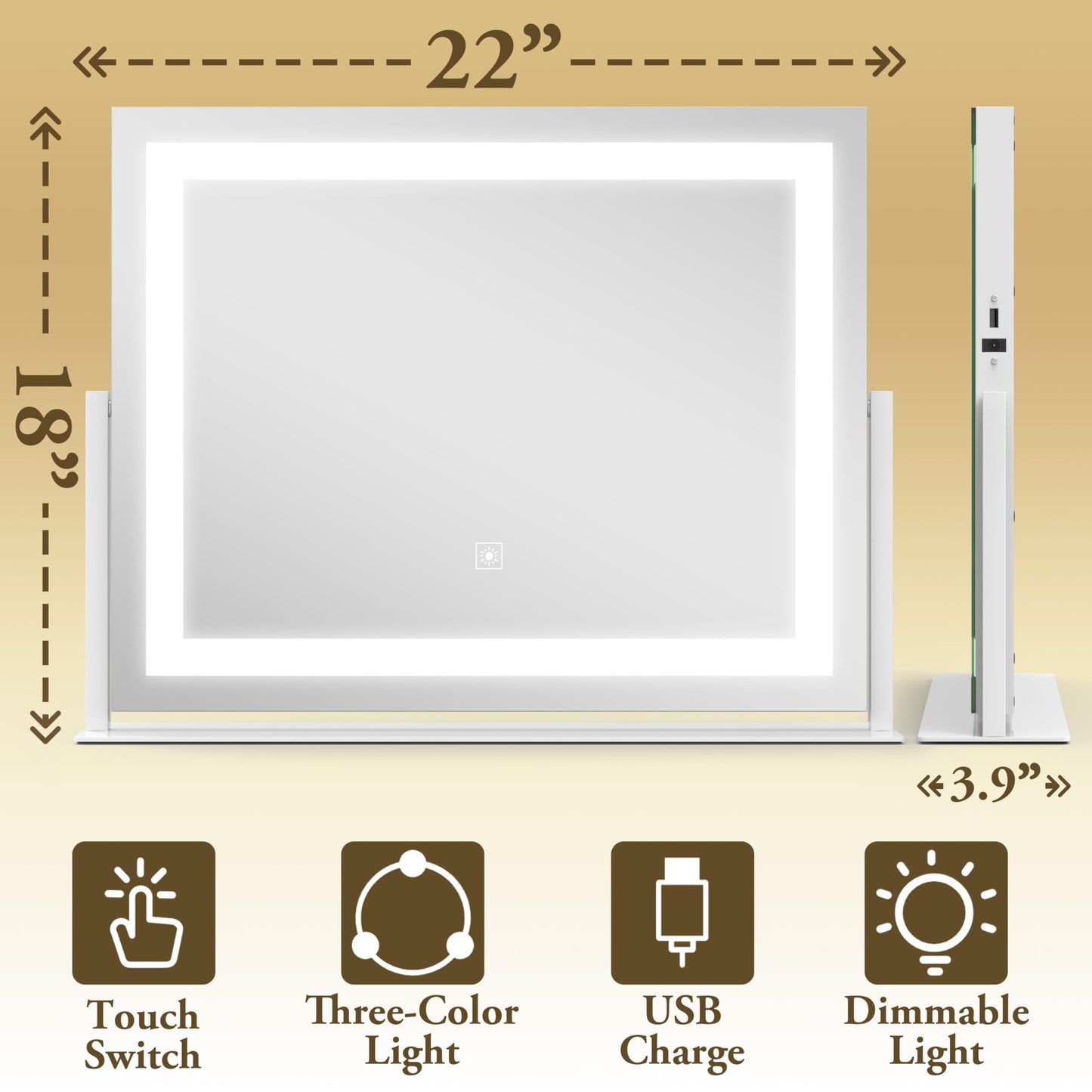 FENNIO Vanity Mirror with Lights 22''x18'' Makeup Mirror with Lights,Lighted Makeup Mirror with 10X Magnification and USB，Smart Touch Screen with 3-Color Lighting,Dimmable（Square White）