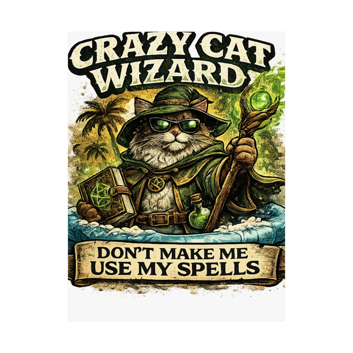 Crazy Cat Wizard Funny Fantasy Magic Art Poster