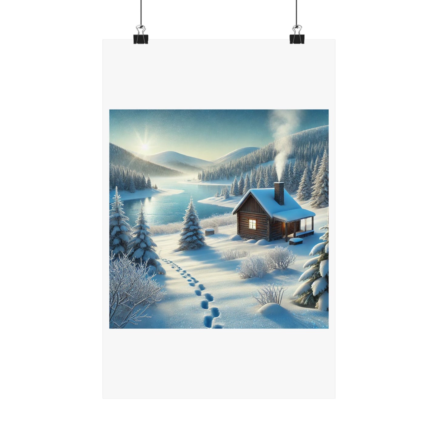 Snowy Cabin Winter Lake Landscape Art Poster