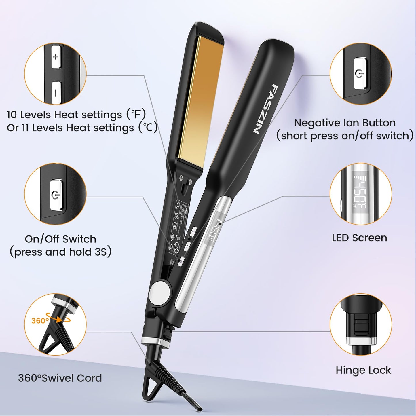 Faszin Professional Hair Straightener, 1.65inch Wide-Plate, Titanium Negative Ion Flat Iron, 30s Rapid Heating, LED Temp Display, Wide Voltage & 10 Adjustable Temp Levels (260-450℉) - Black