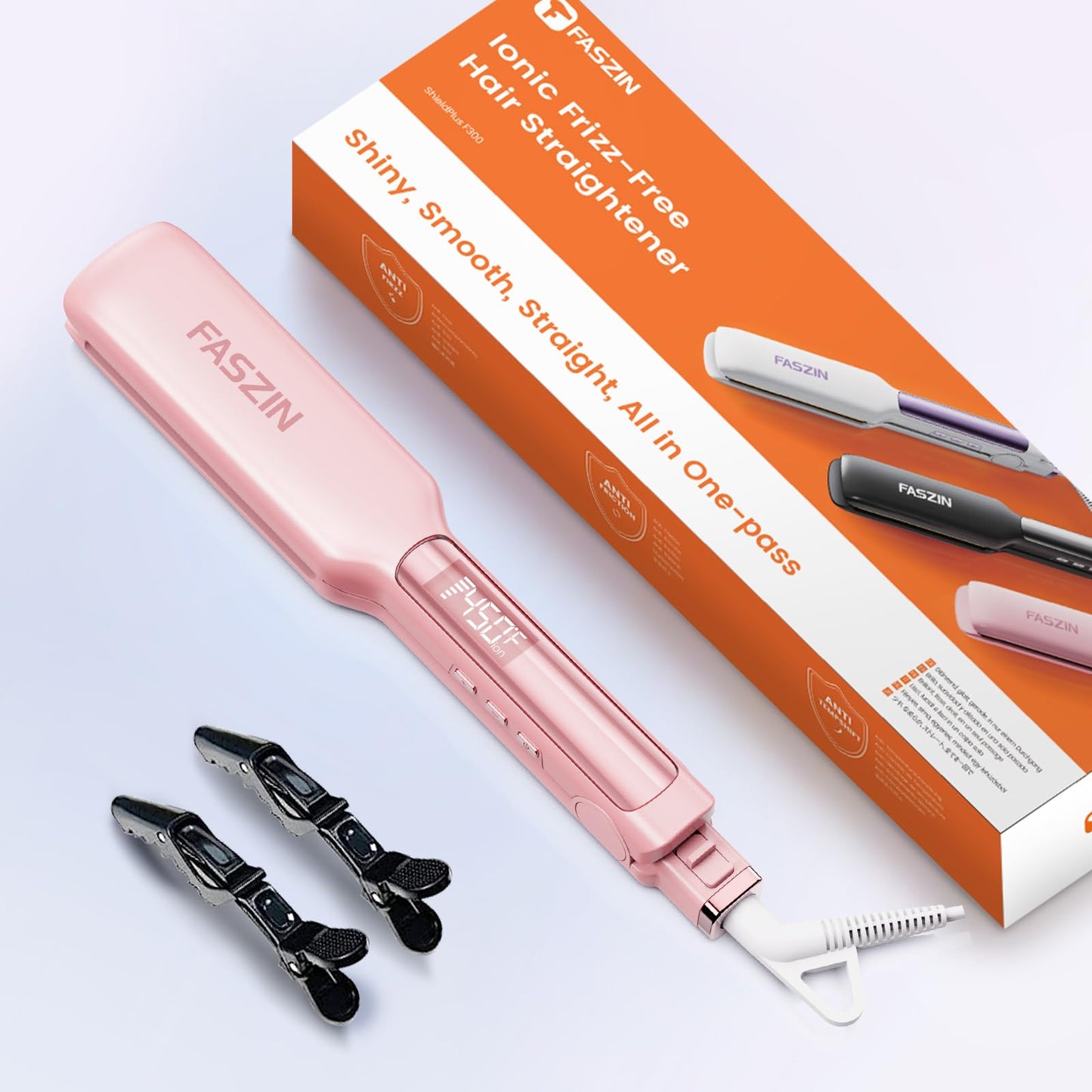 Faszin Professional Hair Straightener, 1.65inch Wide-Plate, Titanium Negative Ion Flat Iron, 30s Rapid Heating, LED Temp Display, Wide Voltage & 10 Adjustable Temp Levels (260-450℉) - Pink