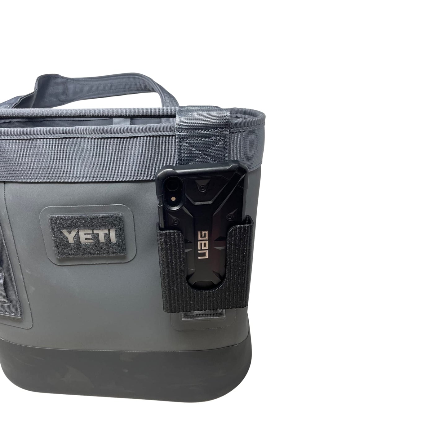 Black Phone Holder Attachment Compatible with Soft Yeti Coolers & Backpacks with Straps - Accessorize Your Cooler or Backpack & Securely Hold Your Phone - Made in USA! (Black)