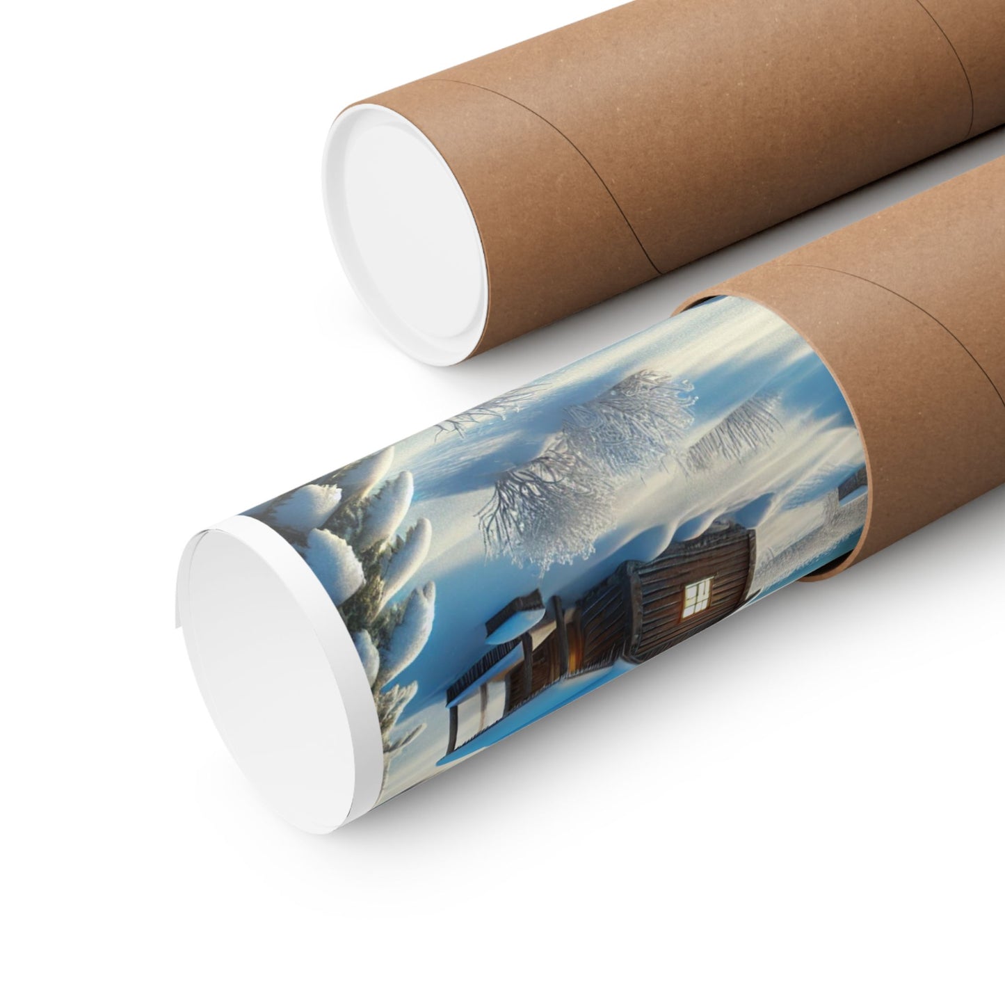 Snowy Cabin Winter Lake Landscape Art Poster