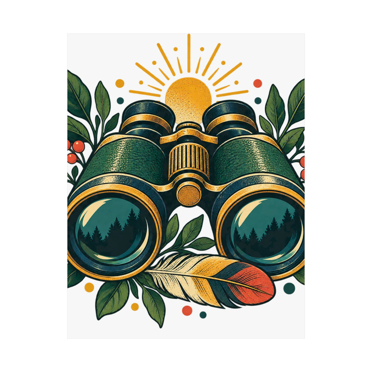 Retro Binoculars and Botanical Birdwatching Art Poster
