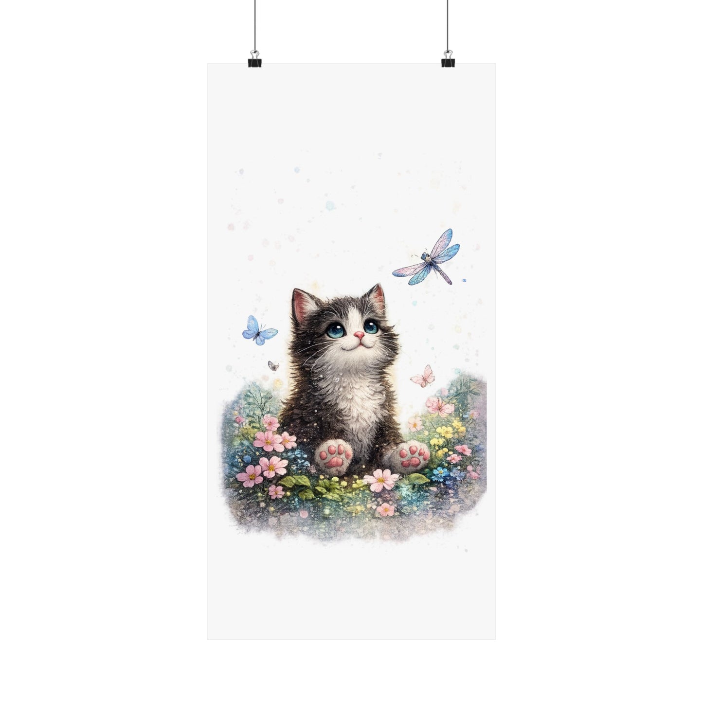 Whimsical Kitten Butterfly Garden Art Poster
