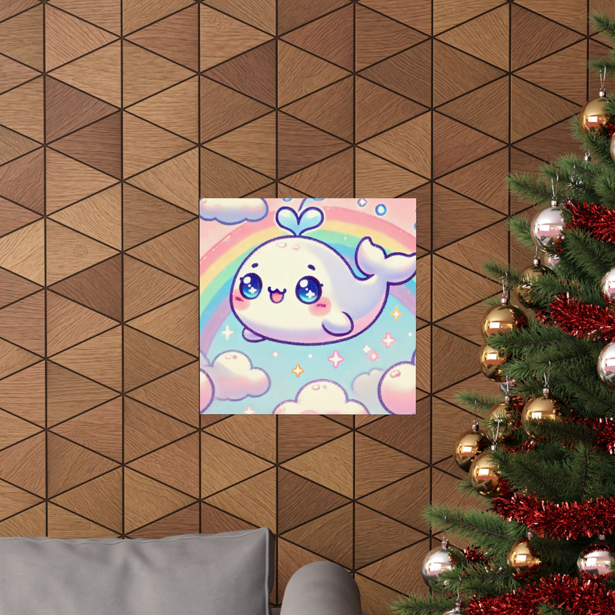 Kawaii Rainbow Whale Pastel Cloud Wall Art Poster