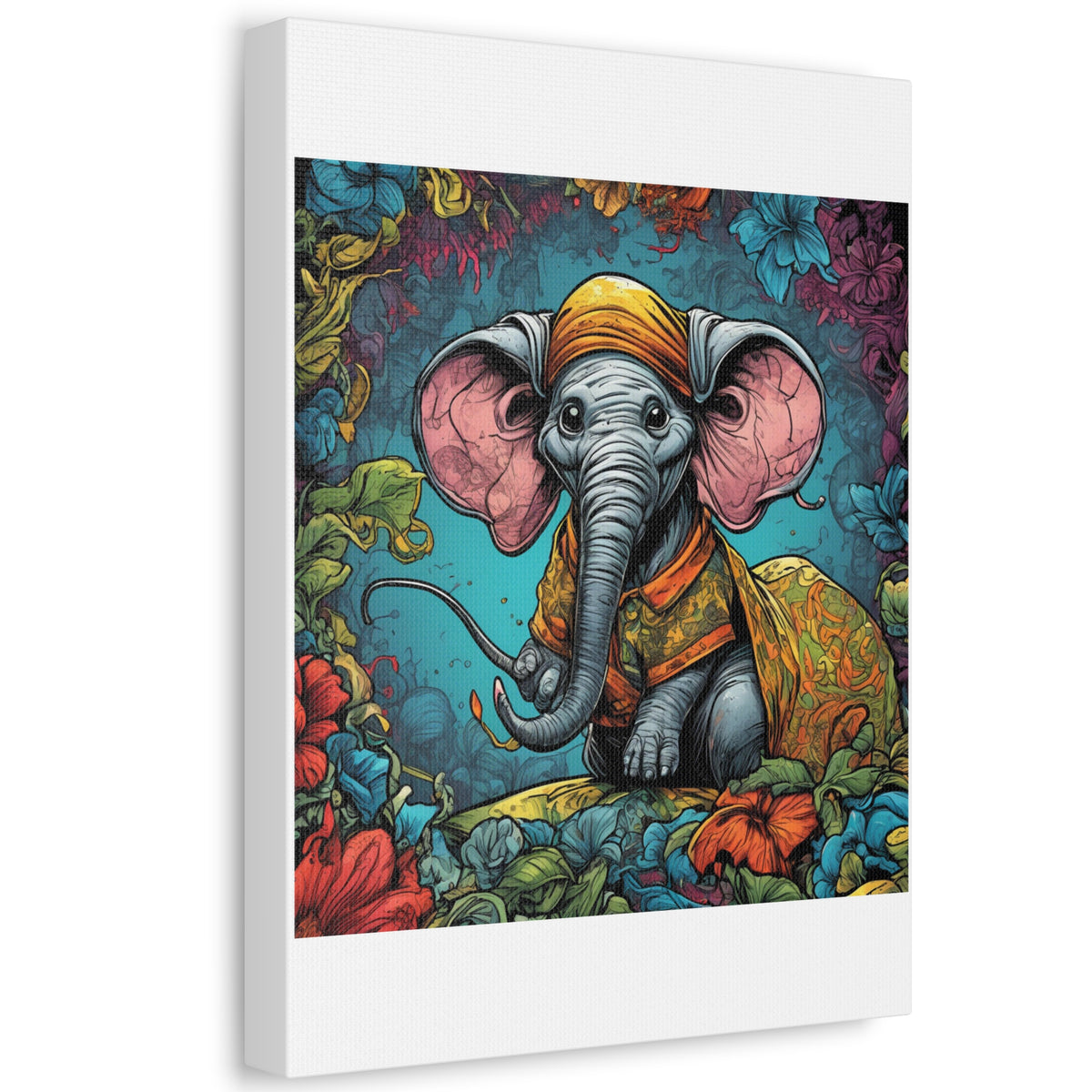 Colorful Storybook Elephant Floral Garden Canvas Wall Art