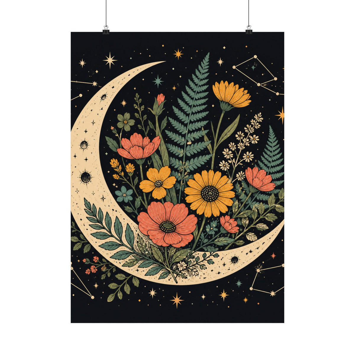 Celestial Wildflower Crescent Moon Botanical Art Poster