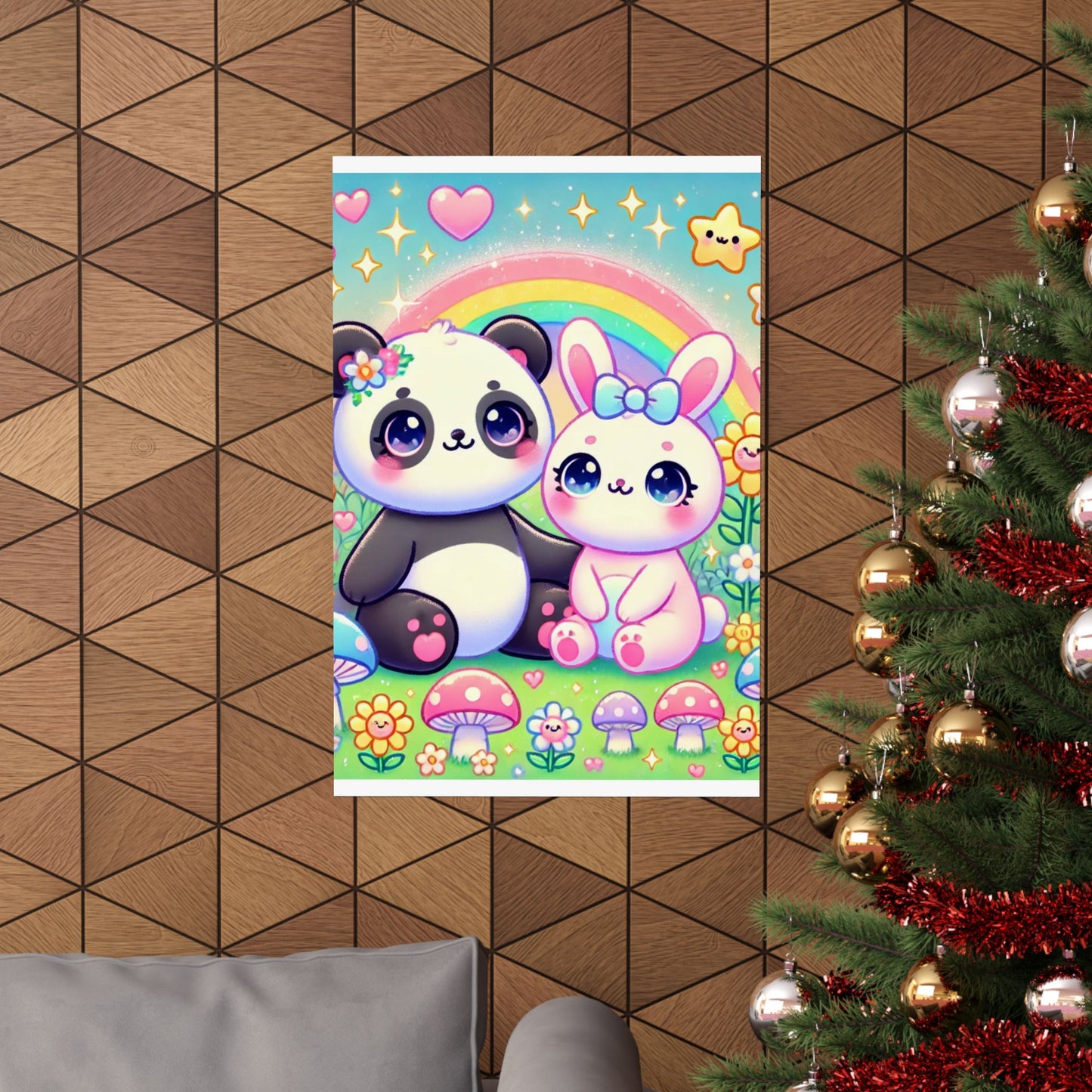Pastel Panda and Bunny Rainbow Garden Wall Art Poster