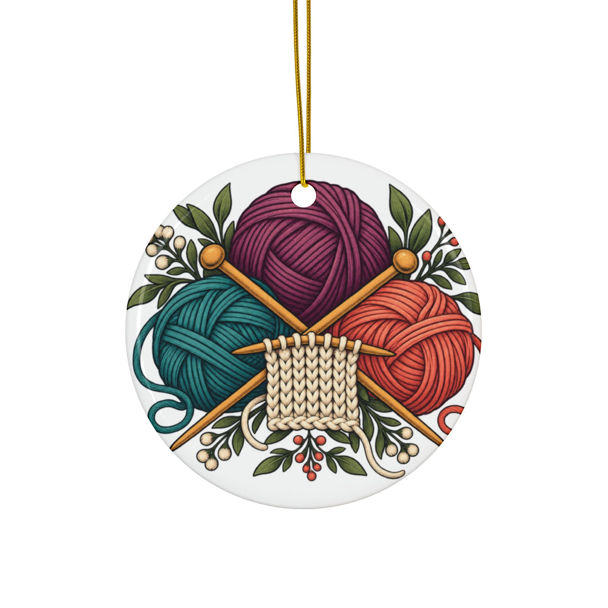 Retro Yarn and Knitting Botanical Art Round Ornament