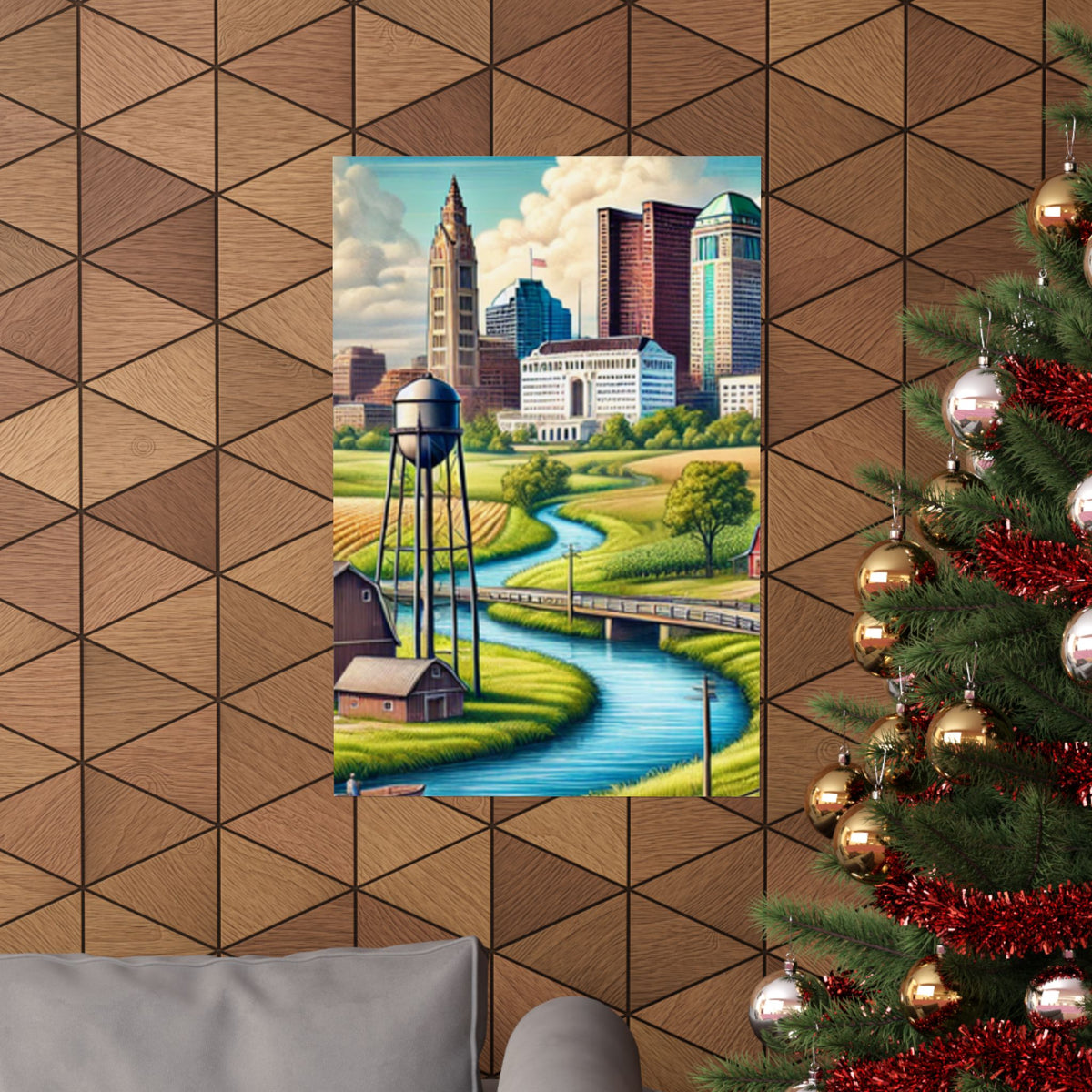 Rural River City Skyline Hometown Landscape Poster Art
