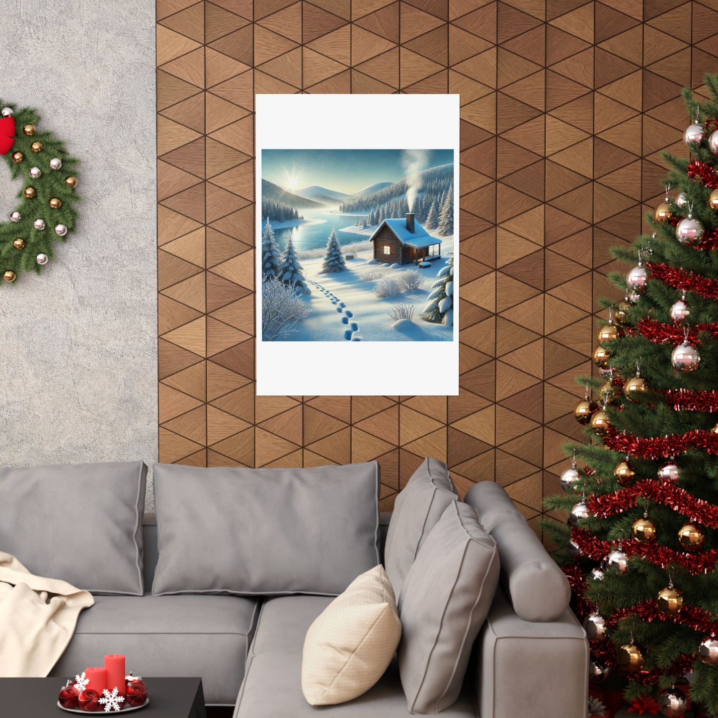 Snowy Cabin Winter Lake Landscape Art Poster