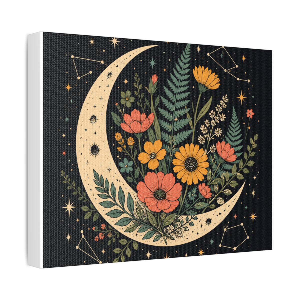 Celestial Wildflower Crescent Moon Botanical Canvas Art