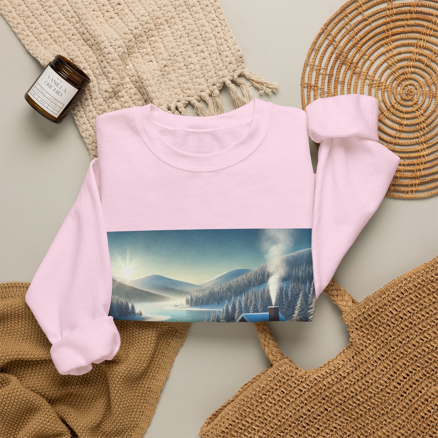 Snowy Cabin Winter Lake Landscape Art Sweatshirt