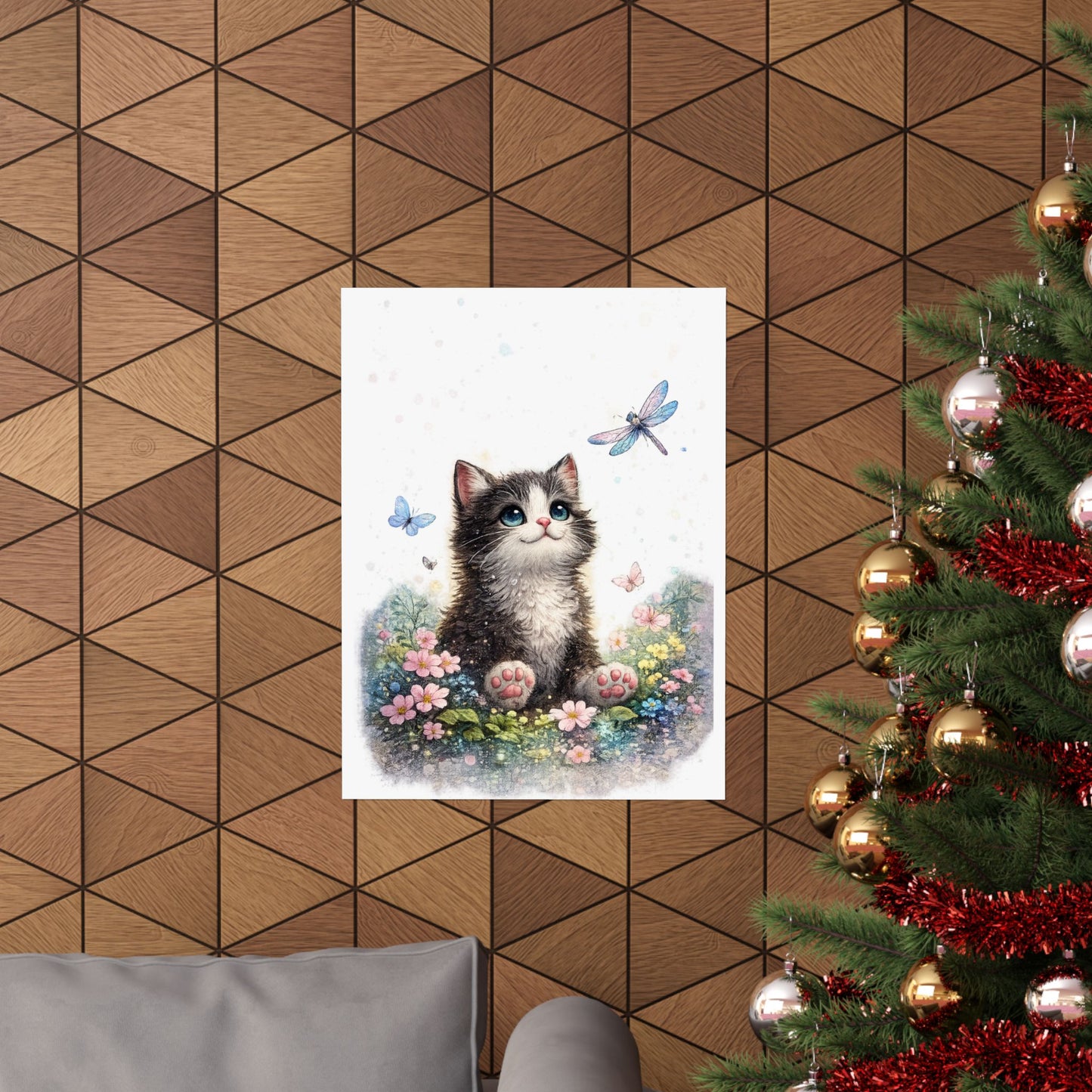 Whimsical Kitten Butterfly Garden Art Poster