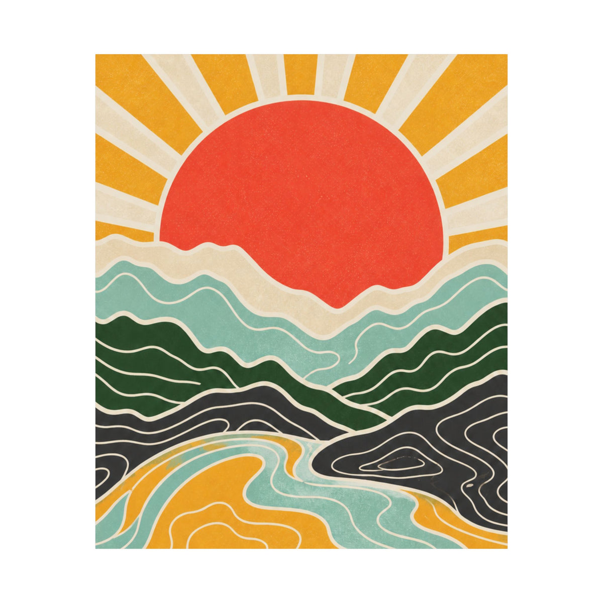 Topographic Sunrise Mid Century Mountain Art Poster