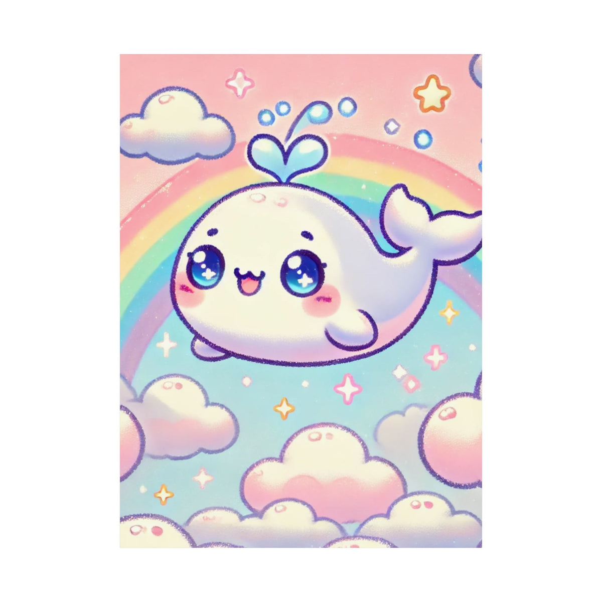 Kawaii Rainbow Whale Pastel Cloud Wall Art Poster