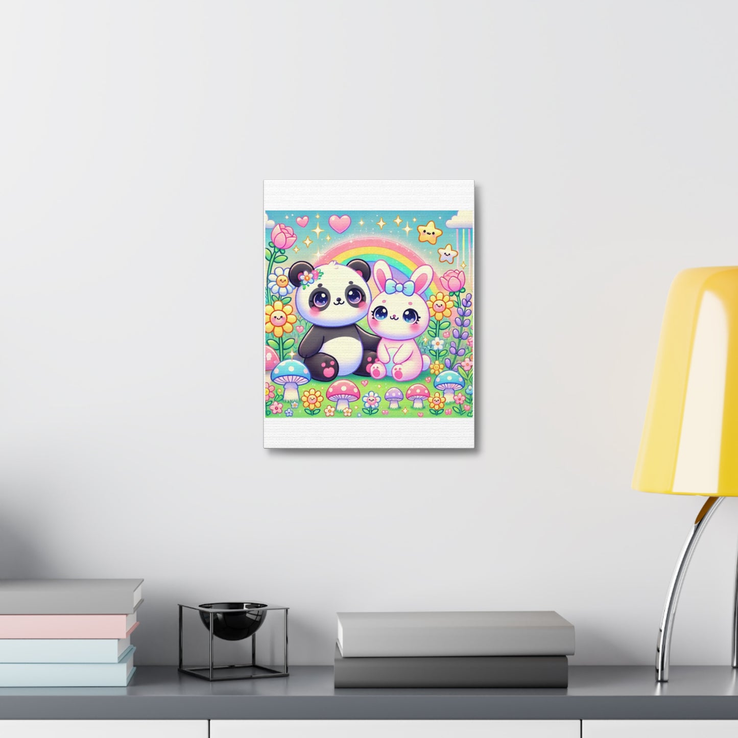 Pastel Panda and Bunny Rainbow Garden Canvas Wall Art