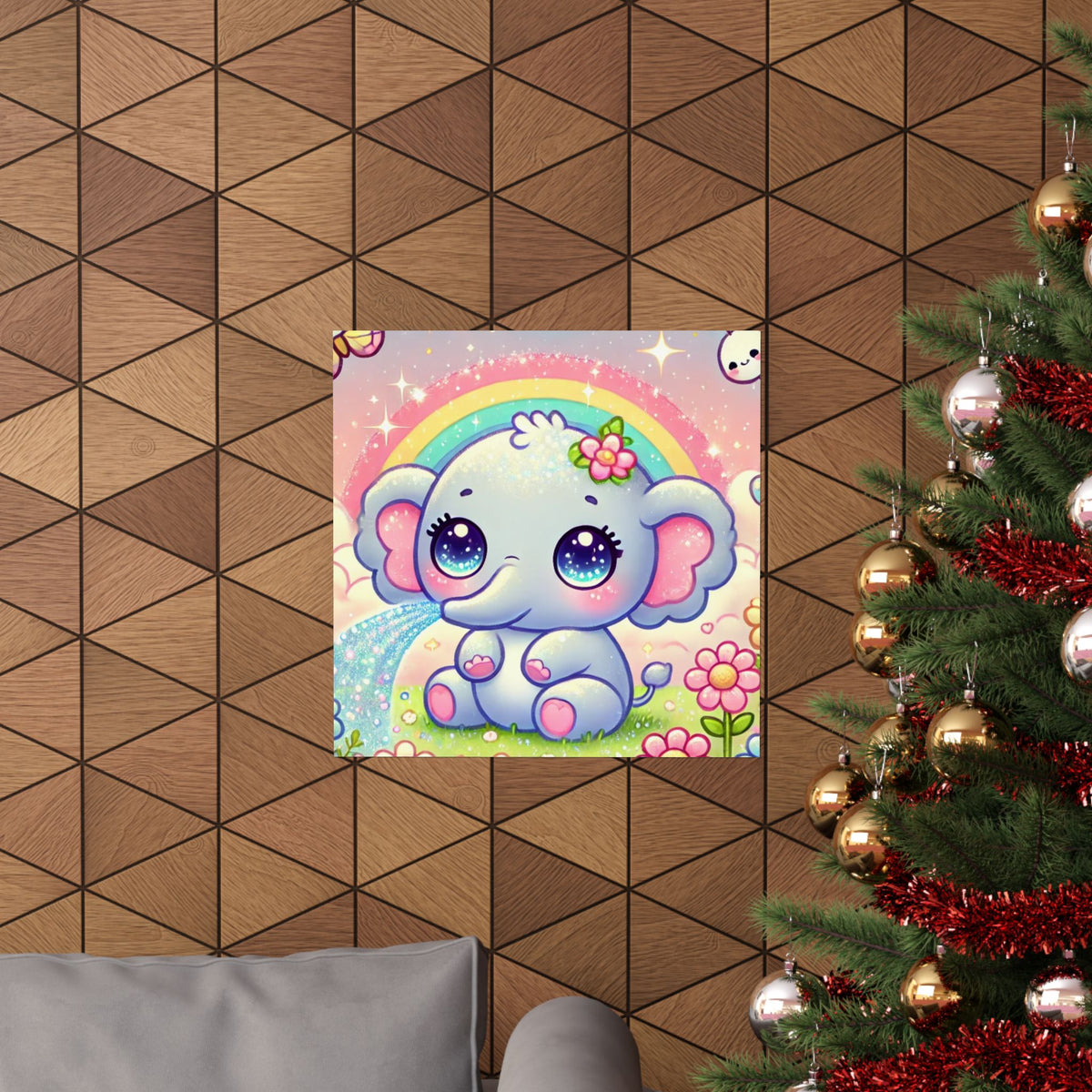 Pastel Rainbow Baby Elephant Floral Wall Art Poster