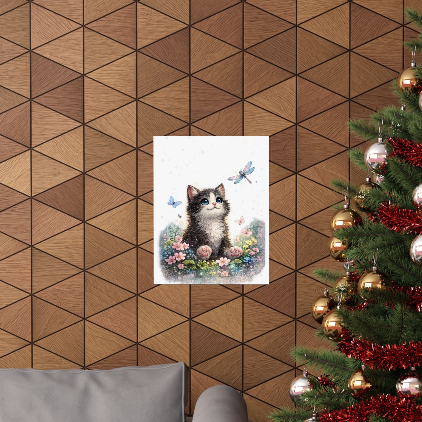 Whimsical Kitten Butterfly Garden Art Poster