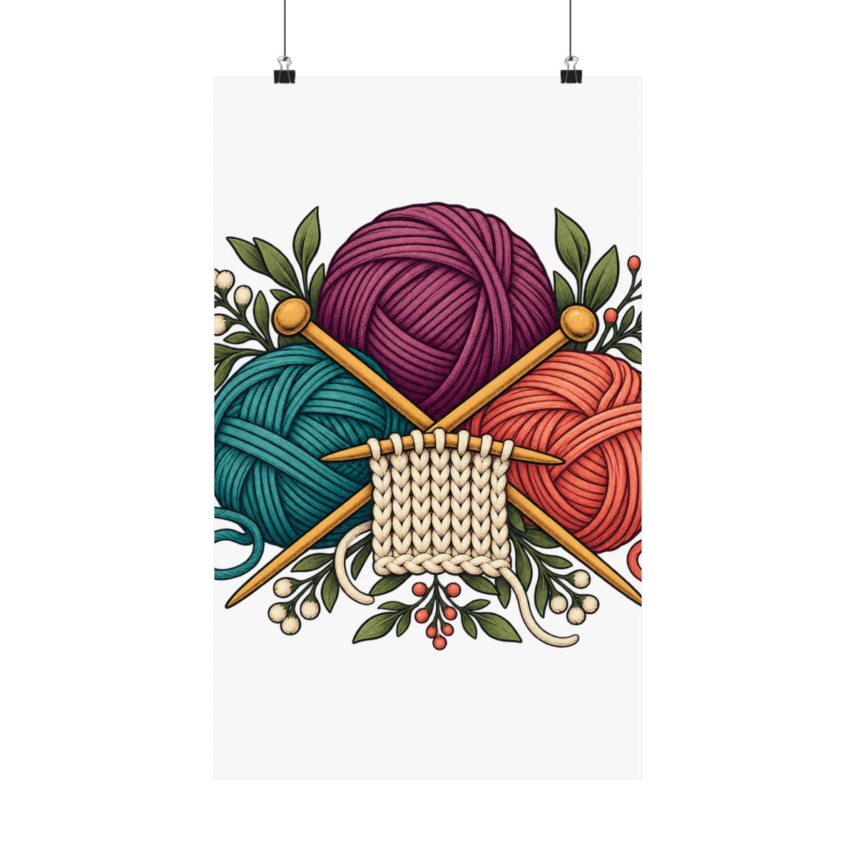 Retro Yarn and Knitting Botanical Art Poster