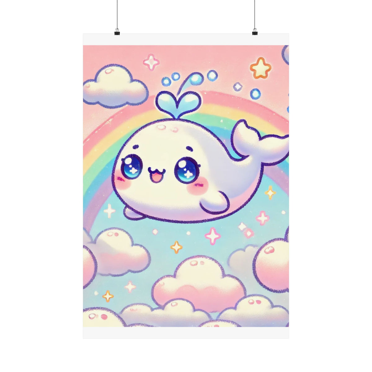 Kawaii Rainbow Whale Pastel Cloud Wall Art Poster