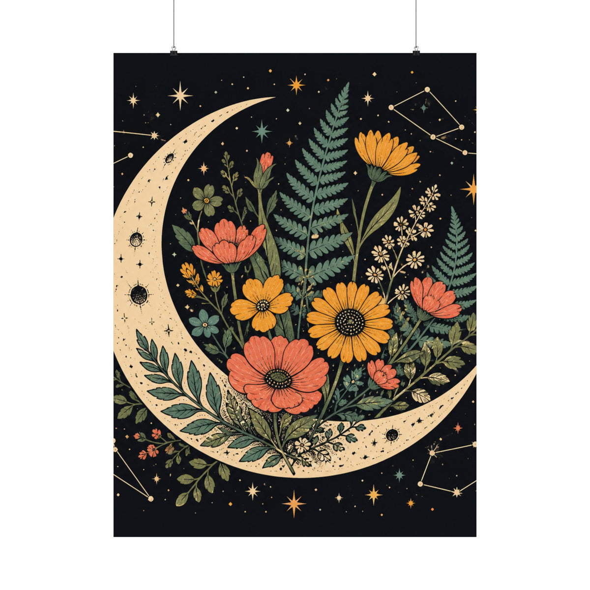 Celestial Wildflower Crescent Moon Botanical Art Poster