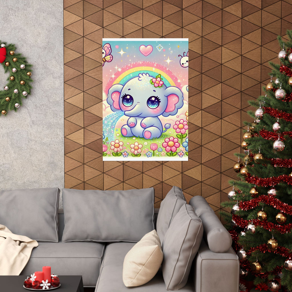 Pastel Rainbow Baby Elephant Floral Wall Art Poster