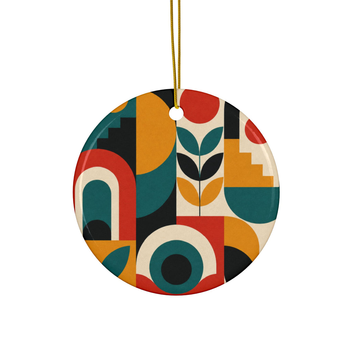 Mid Century Arches Botanical Geometric Abstract Ceramic Ornament, Holiday Keepsa