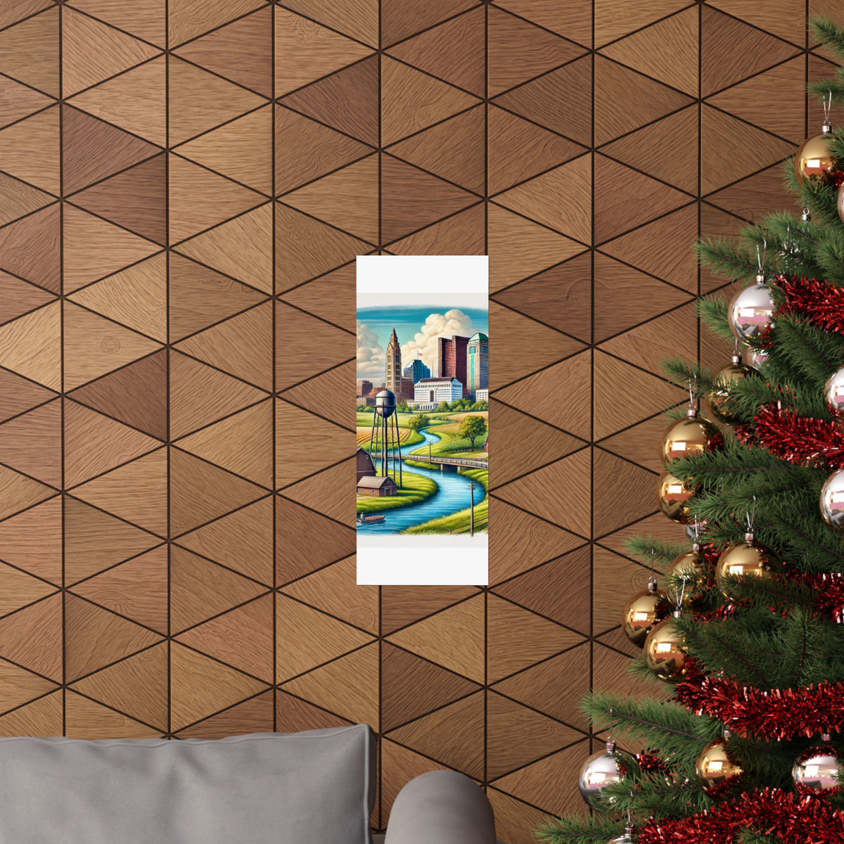 Rural River City Skyline Hometown Landscape Poster Art