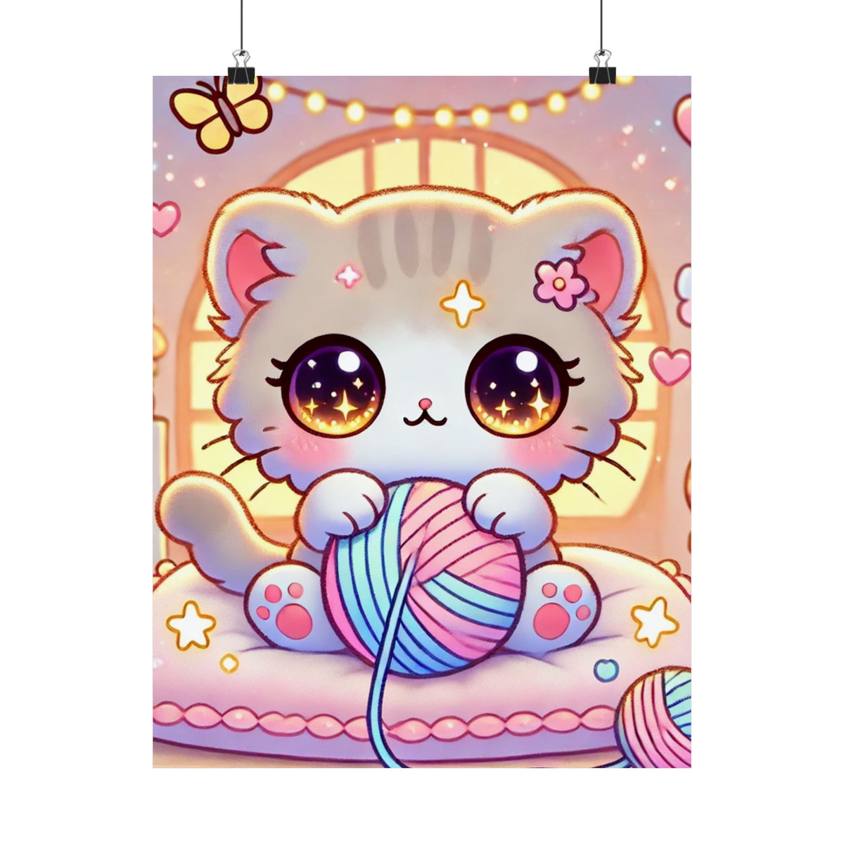 Cozy Kawaii Knitting Cat Pastel Yarn Wall Art Poster