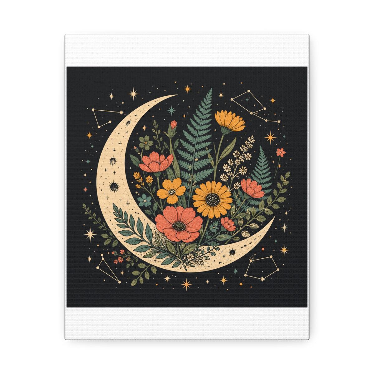 Celestial Wildflower Crescent Moon Botanical Canvas Art