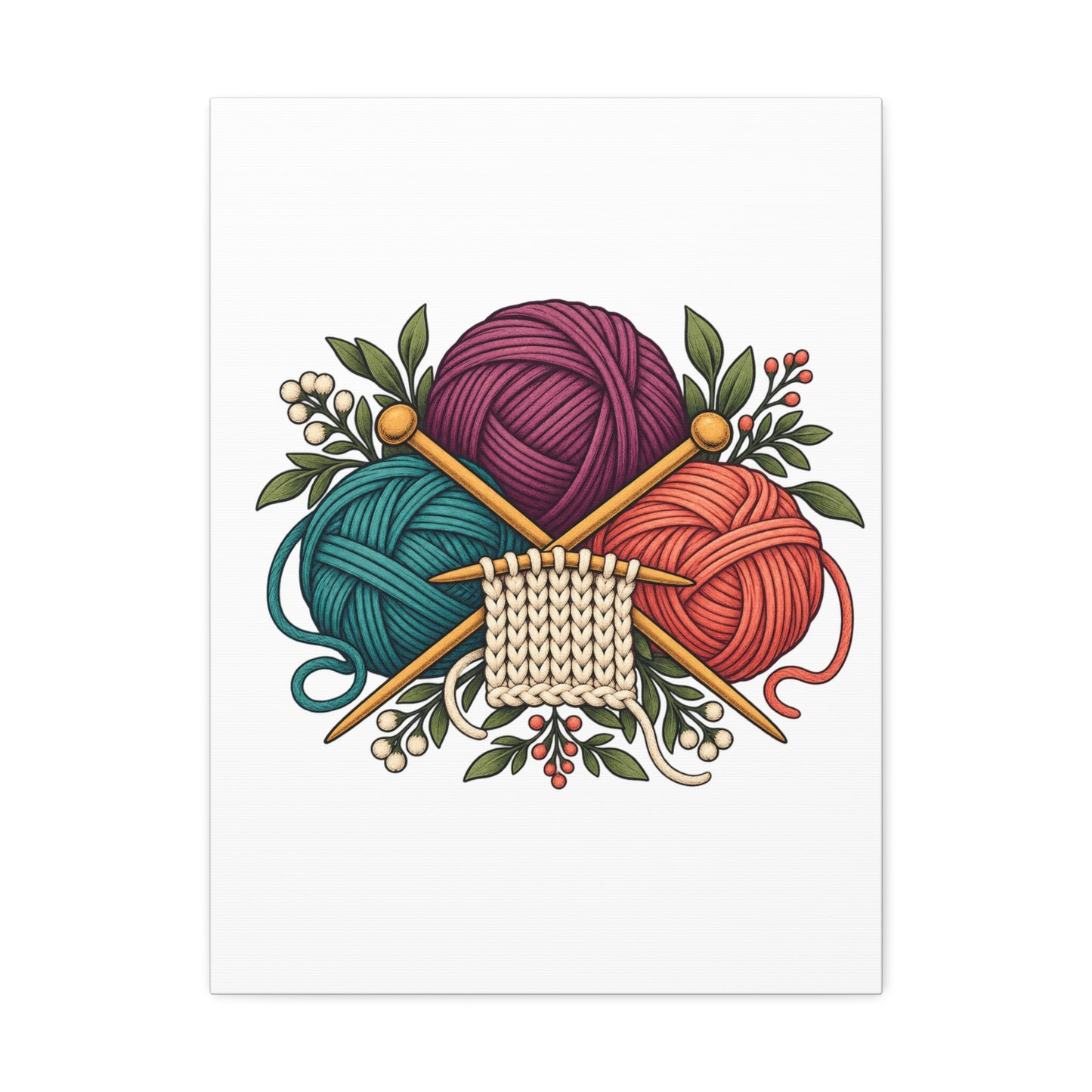Retro Yarn and Knitting Botanical Art Canvas
