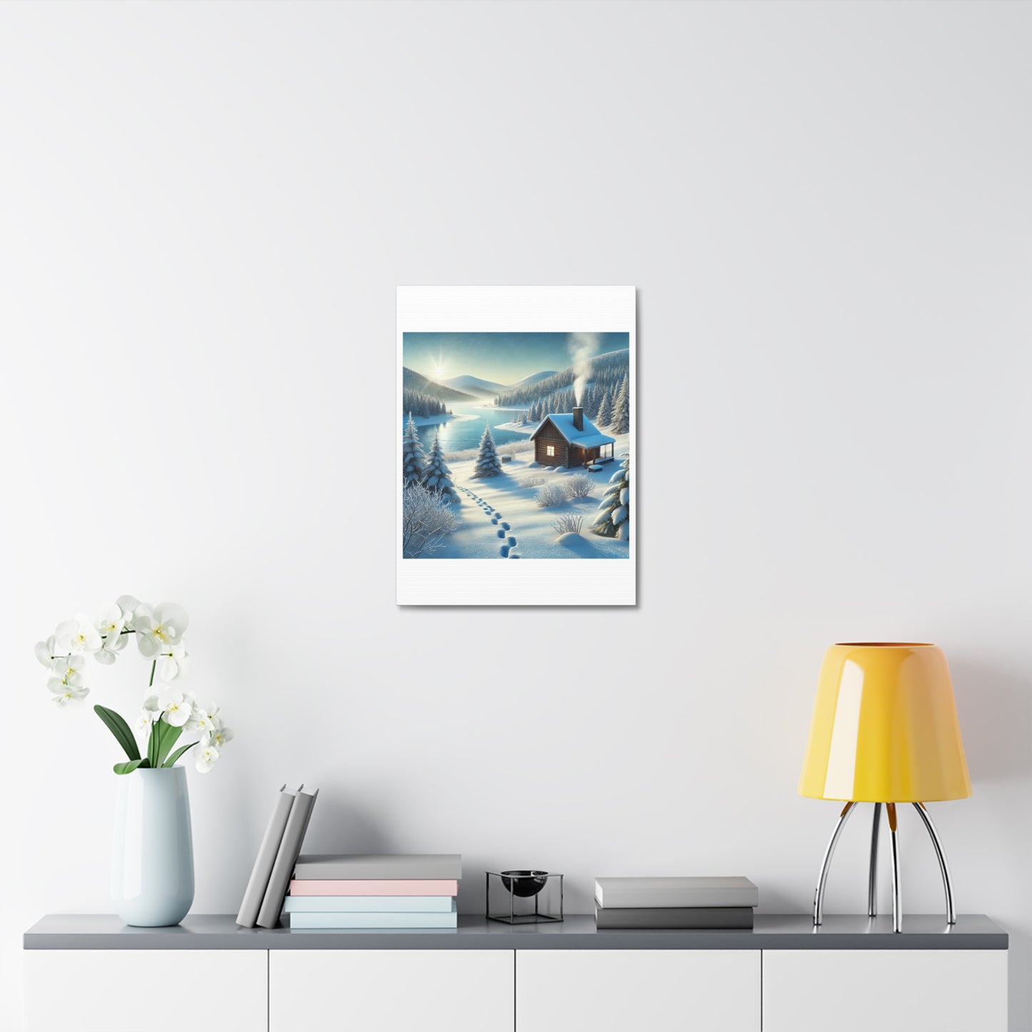 Snowy Cabin Winter Lake Landscape Art Canvas
