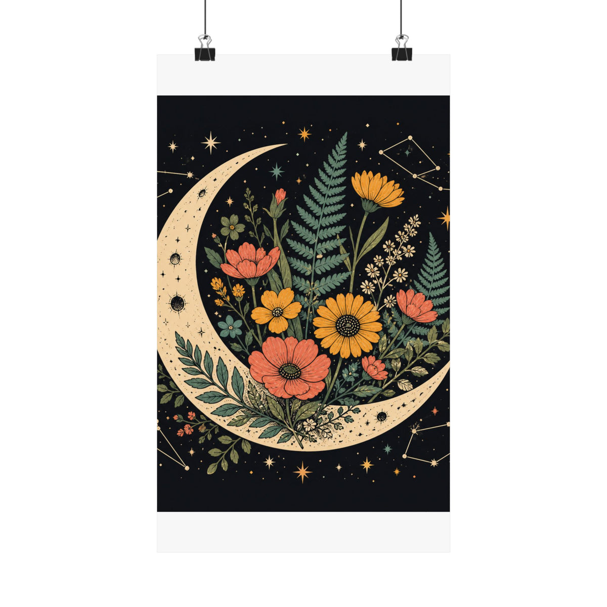 Celestial Wildflower Crescent Moon Botanical Art Poster