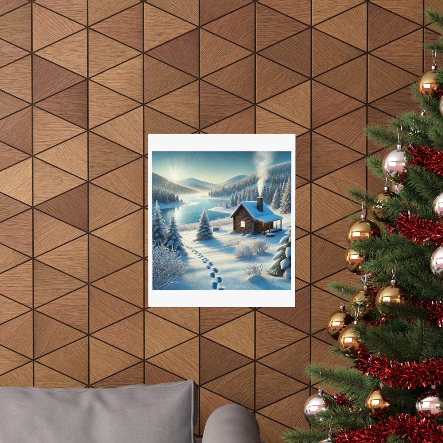 Snowy Cabin Winter Lake Landscape Art Poster