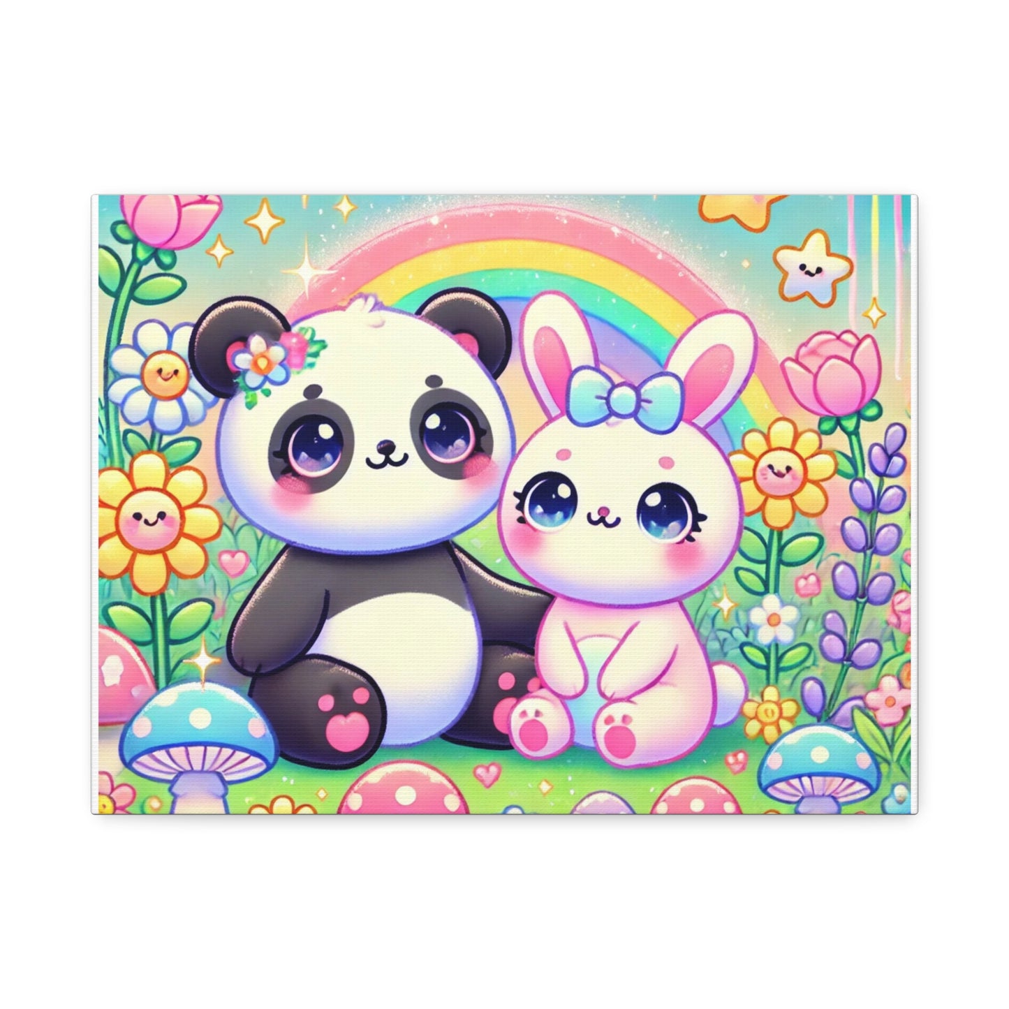Pastel Panda and Bunny Rainbow Garden Canvas Wall Art