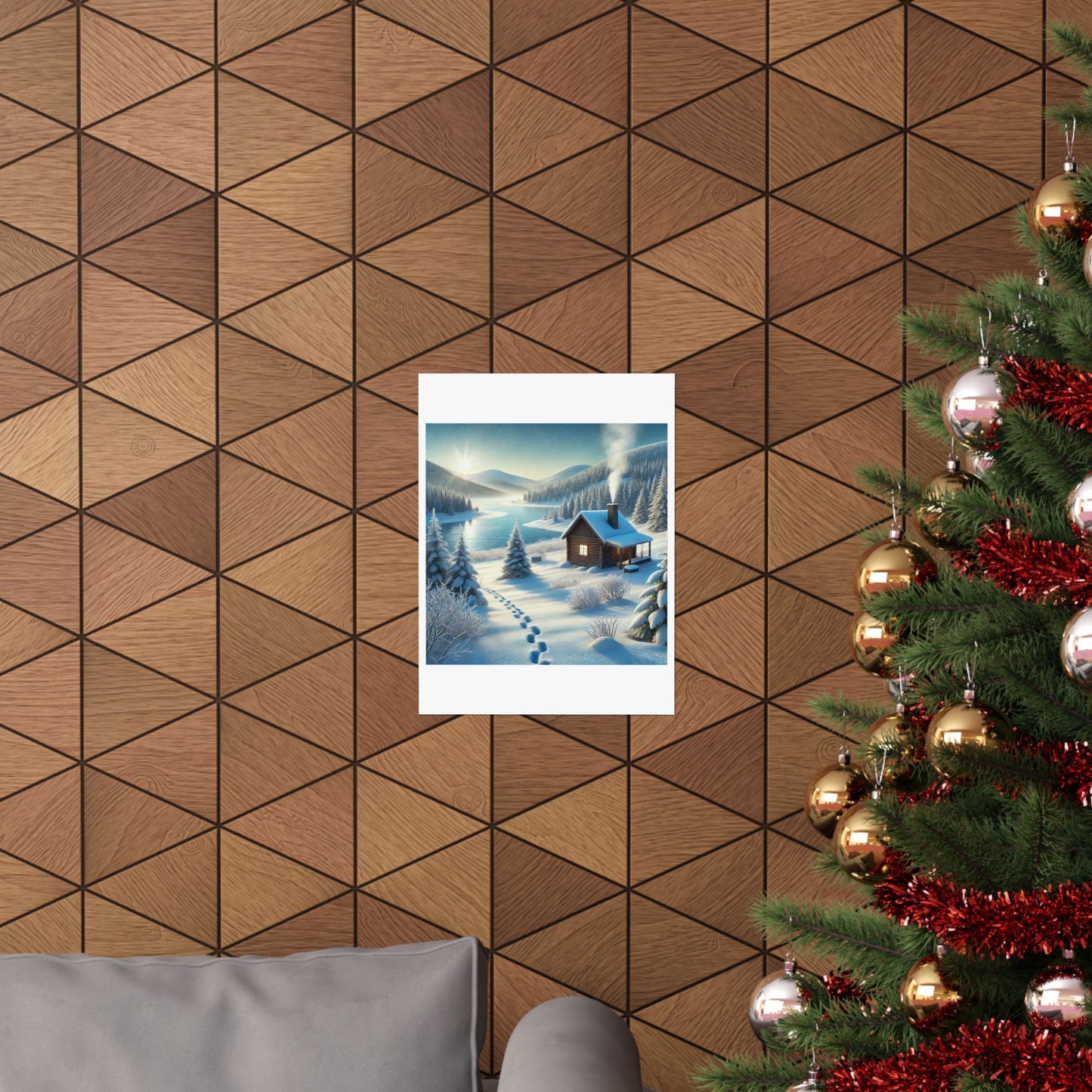 Snowy Cabin Winter Lake Landscape Art Poster
