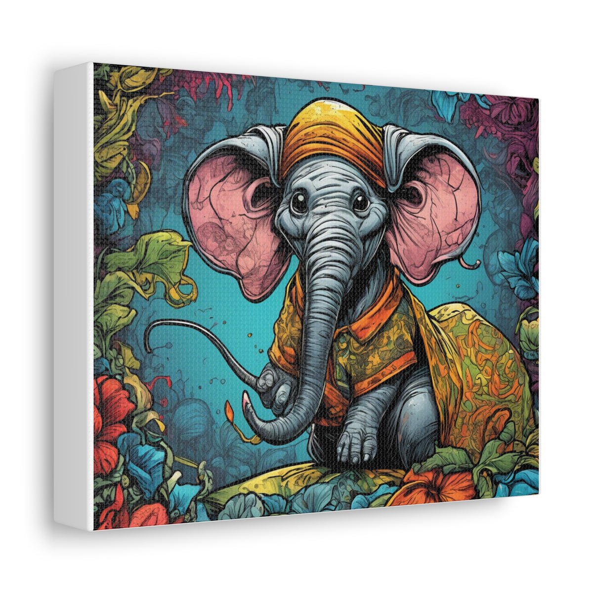 Colorful Storybook Elephant Floral Garden Canvas Wall Art