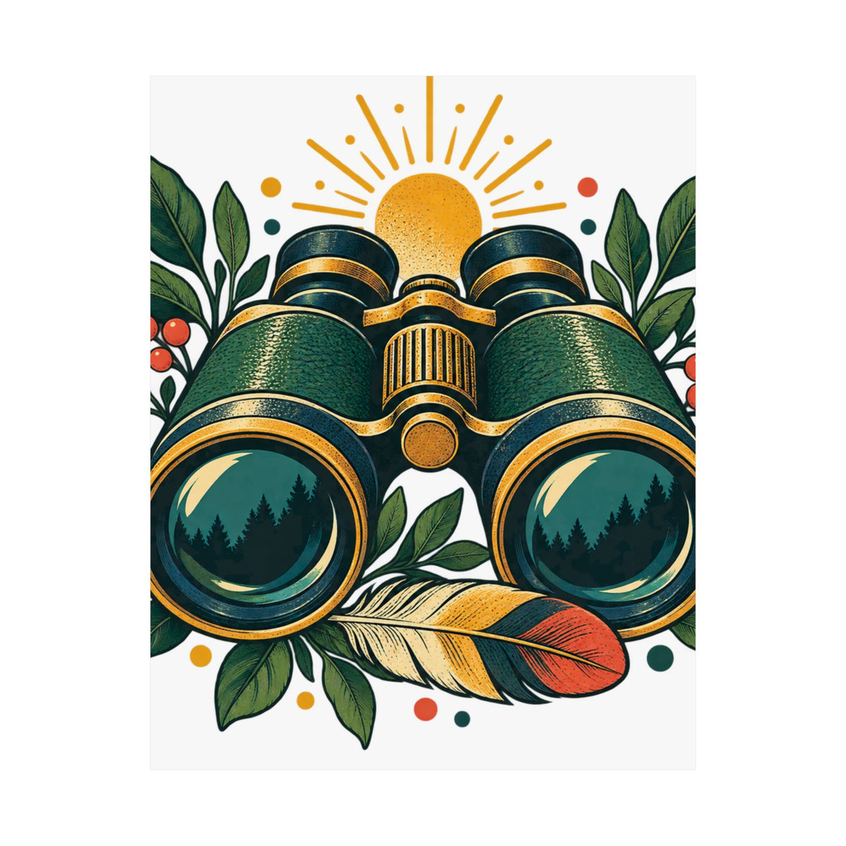 Retro Binoculars and Botanical Birdwatching Art Poster