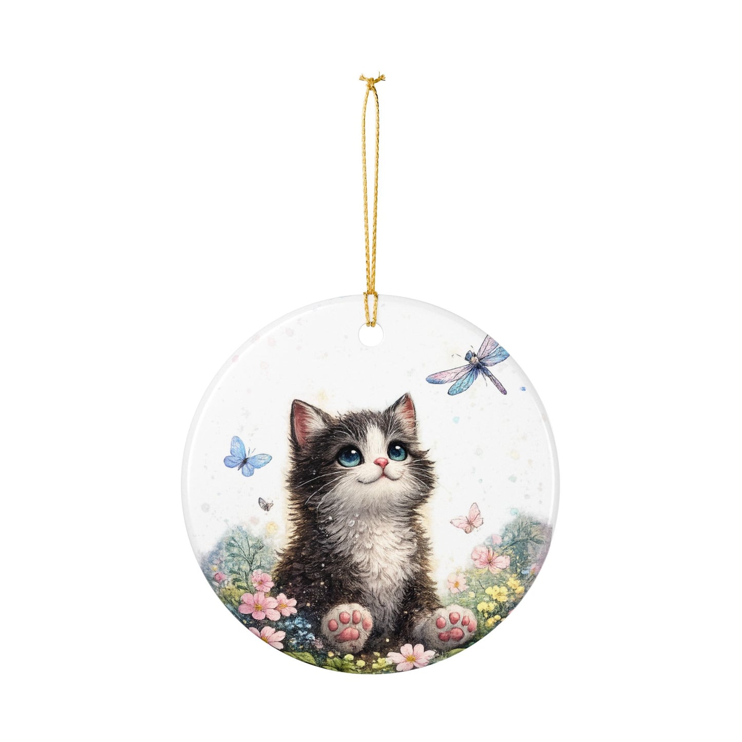 Whimsical Kitten Butterfly Garden Art Ceramic Ornament, Holiday Keepsake and Gif