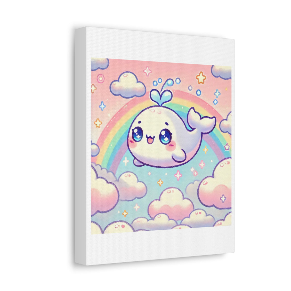 Kawaii Rainbow Whale Pastel Cloud Canvas Wall Art