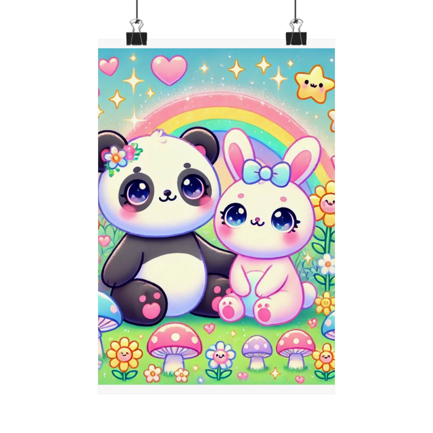 Pastel Panda and Bunny Rainbow Garden Wall Art Poster