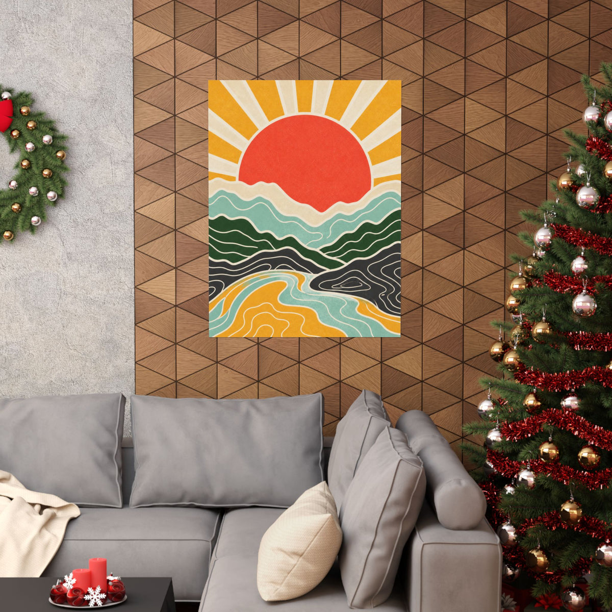 Topographic Sunrise Mid Century Mountain Art Poster