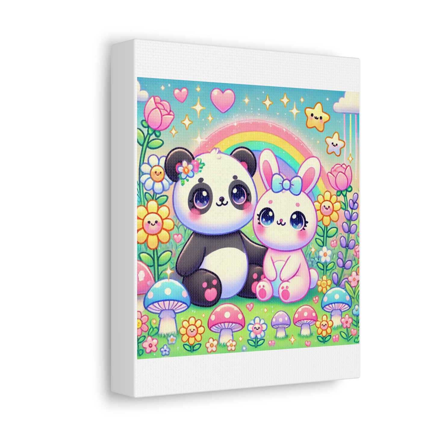 Pastel Panda and Bunny Rainbow Garden Canvas Wall Art