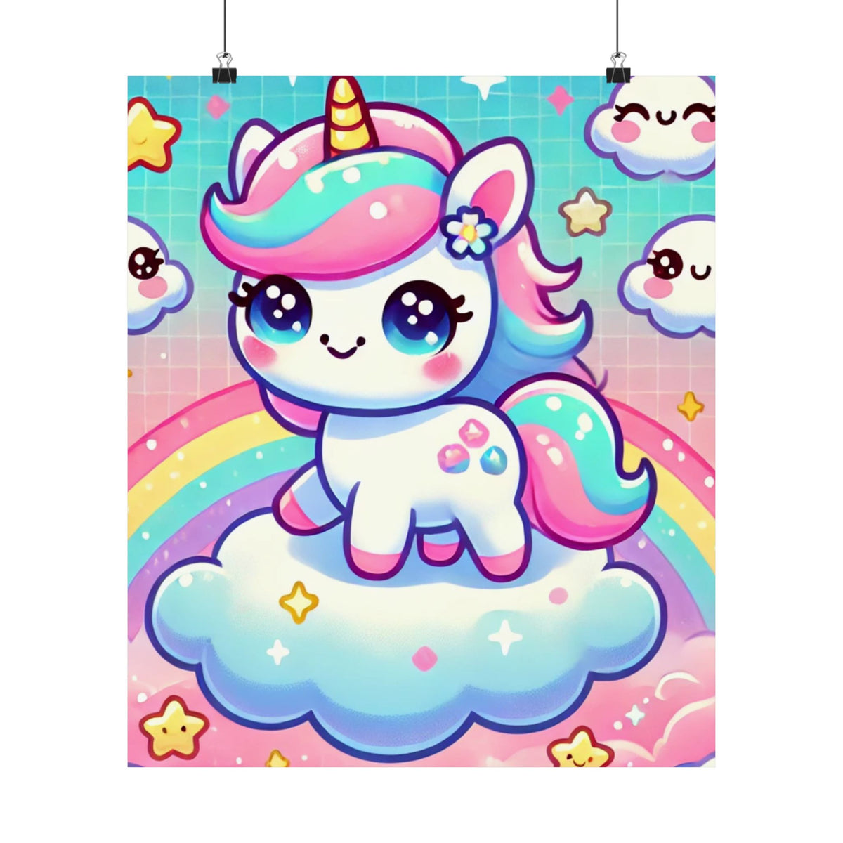 Pastel Rainbow Unicorn Cloud Kawaii Wall Art Poster